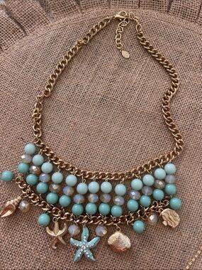 Gold-Tone Turquoise colored Beaded Charm Necklace - Women Jewelry